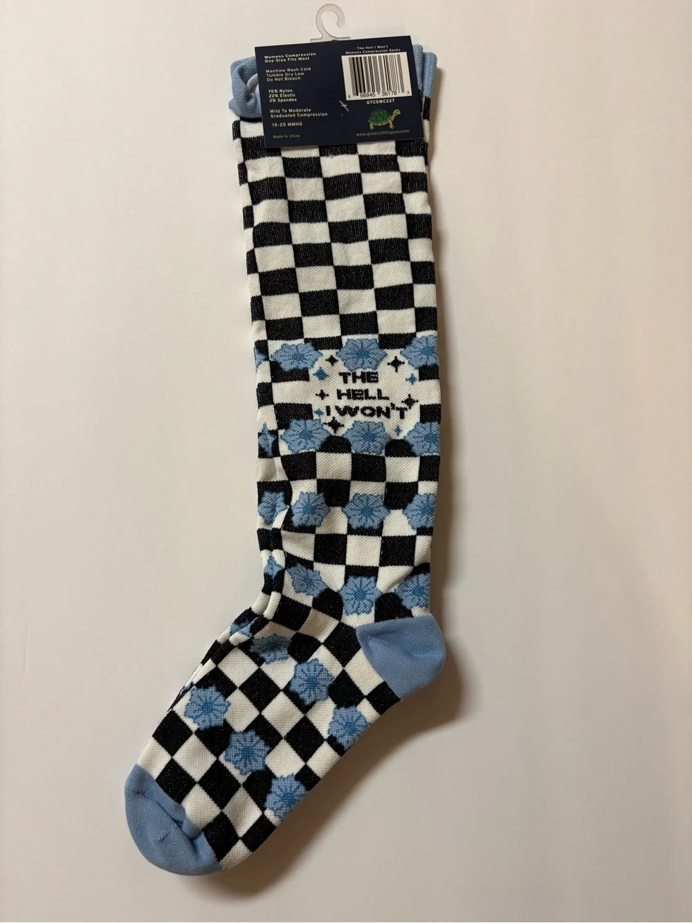 Women’s Black, White & Light Blue Checkered compression Crew Socks